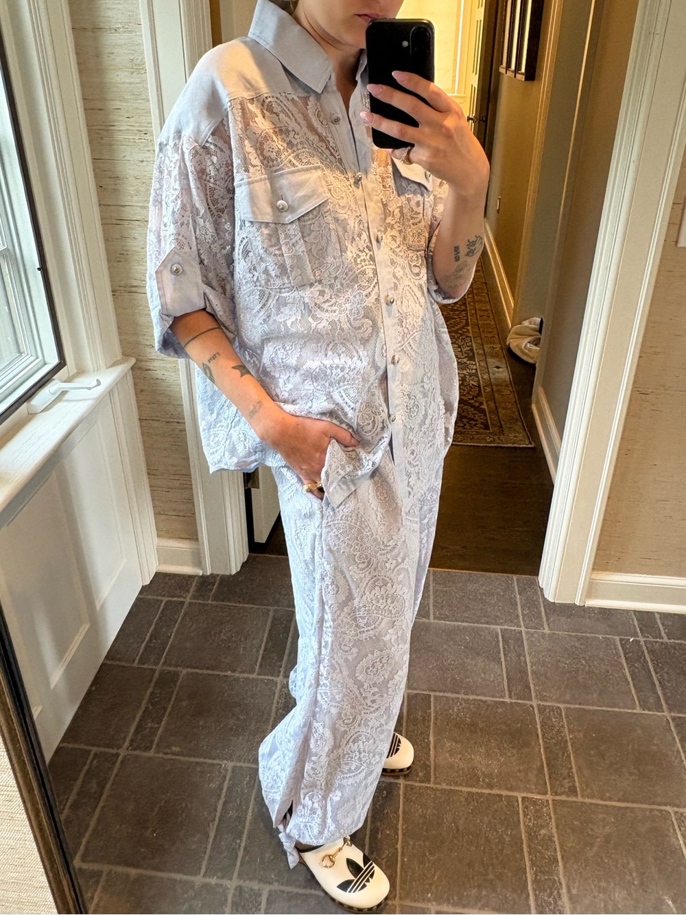 Zimmermann Pale Blue Lace-Trim Button Shirt and Pant set